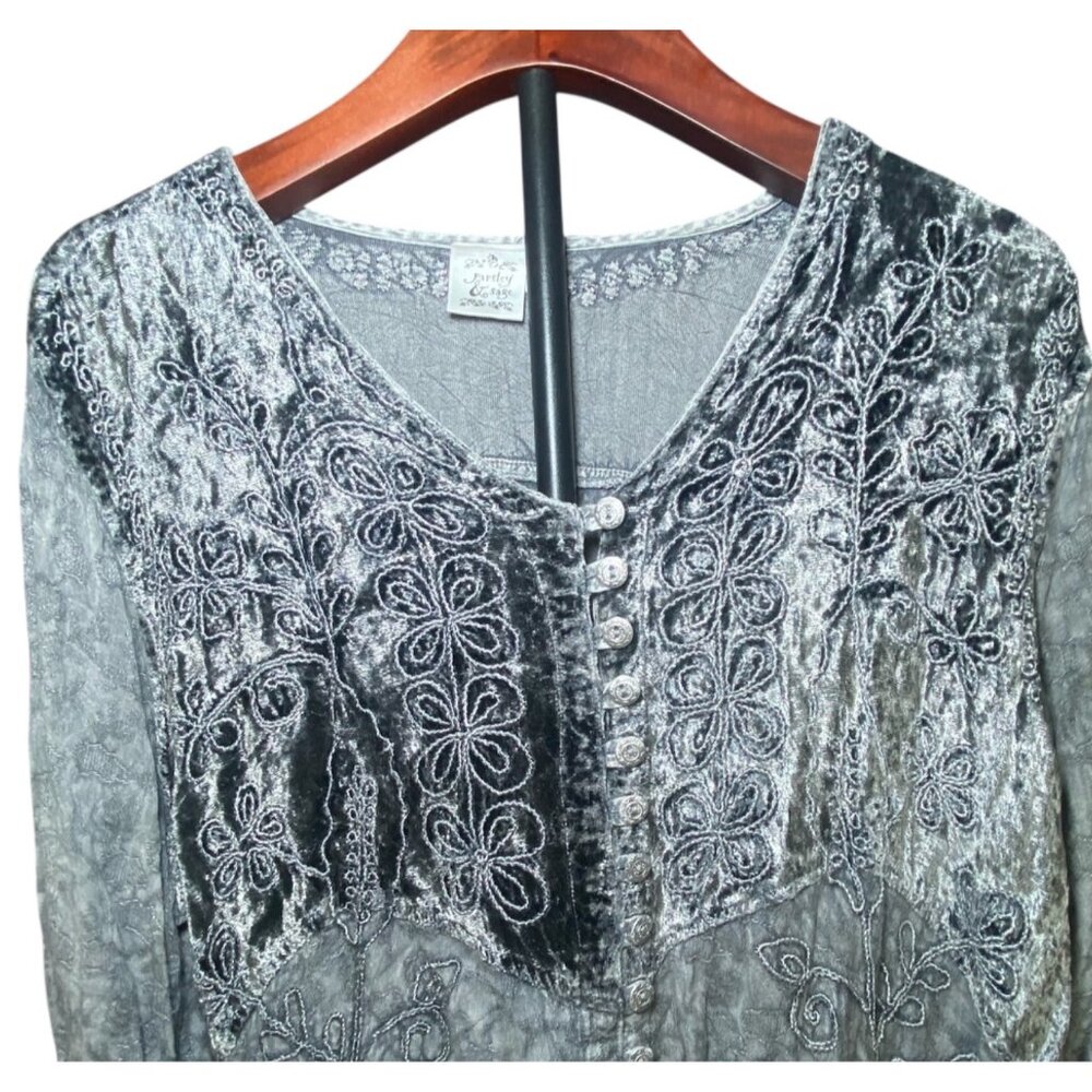 Womens Velvet Gray Tunic Top Floral Design Hi-Lo Hem Whimsygoth‎ Grunge Size 1X